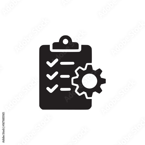 A black icon of a clipboard with three checkmarks and lines next to a gear on a white background