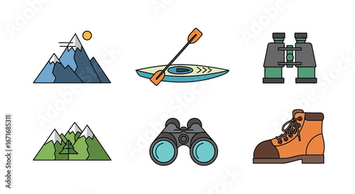 Camping equipment arranged neatly on white surface showcasing outdoor adventure and exploration in a minimalist and clean style.