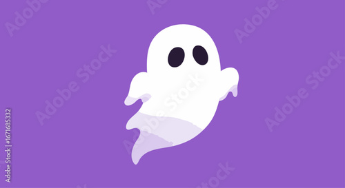Vector illustration in minimal flat style of cute ghost character: halloween ghost, spooky ghost, cartoon ghost, and more. Isolated on solid purple background