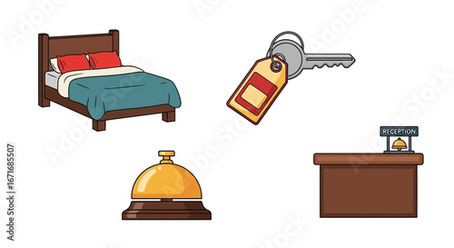 Hotel room elements depicting bed, key, bell and reception desk representing hospitality and travel accommodations in a simple, clean style.