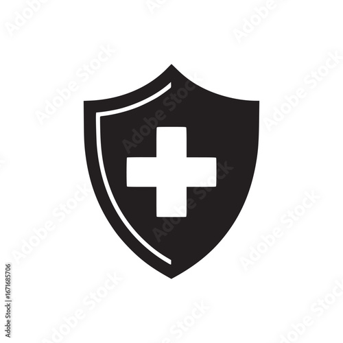 A black shield with a white cross in the center on a white background in a simple vector style