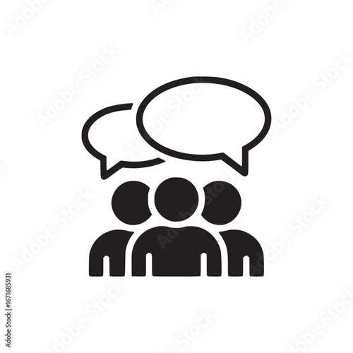 A black and white icon showing a group of people with speech bubbles above their heads discussing ideas