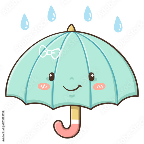 Cute smiling umbrella cartoon illustration with raindrops and a bow detail, perfect for children’s books, weather themes, stickers, and playful design projects.