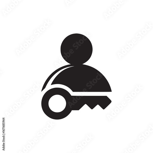 Black silhouette of a person with a key overlayed on their body on a plain white background image