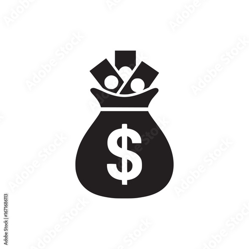A black and white illustration of a money bag filled with cash and coins with a dollar sign on it