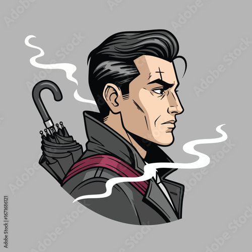 Stylish man with umbrella side profile smoking serious look.