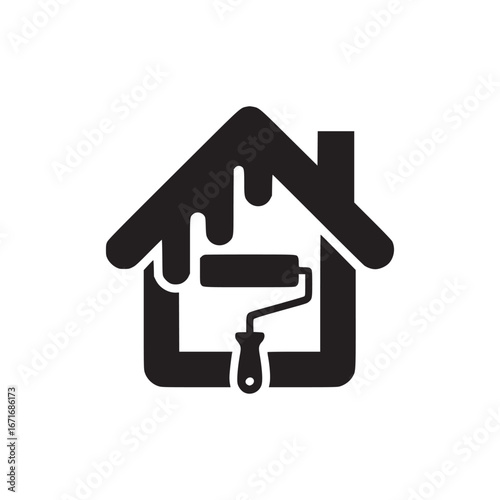 A black house icon with paint dripping and a paint roller inside on a white background image view