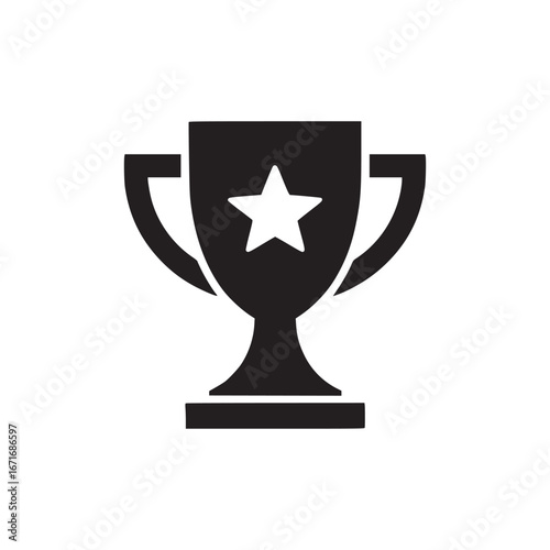 A simple black and white graphic of a trophy with a star on it in the center of the cup area