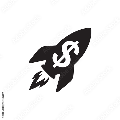 Black rocket with dollar sign on white background showing financial growth and investment success