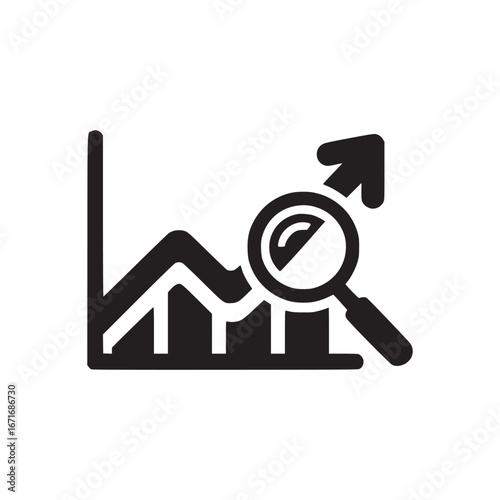 A black and white illustration of a graph with an arrow and a magnifying glass over the graph line