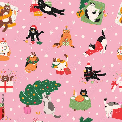 Seamless pattern of cute cats celebrating Christmas and New Year. Background of pets characters with Christmas decorations and ornaments. Hand drawn illustration for print, poster, wrapping paper