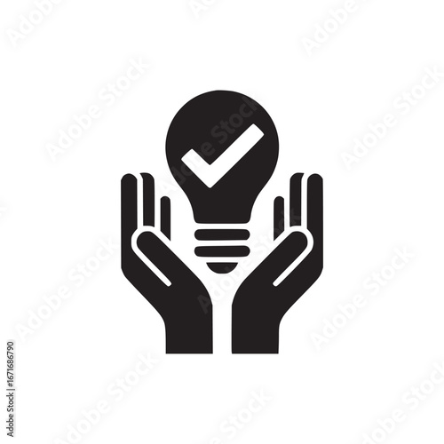 Black and white graphic of hands holding a lightbulb with a check mark inside the bulb icon