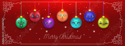 Vector bright glowing red wide festive banner with white openwork frame, snowflakes. Round colored New Year toys with different smiling funny happy cartoon faces. Merry Christmas. Culture and custom