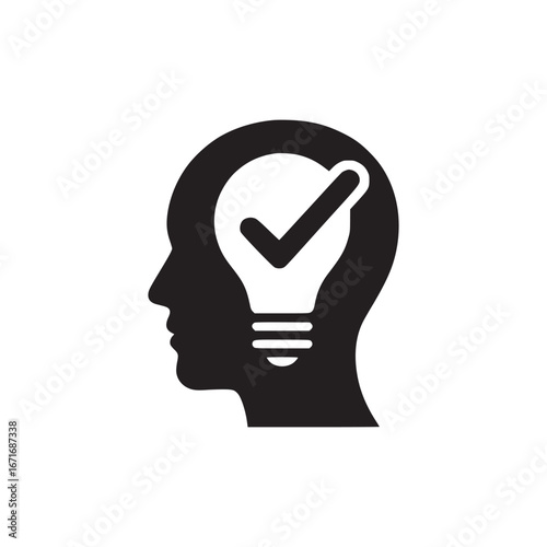 Head silhouette with lightbulb and check mark inside representing a correct idea concept