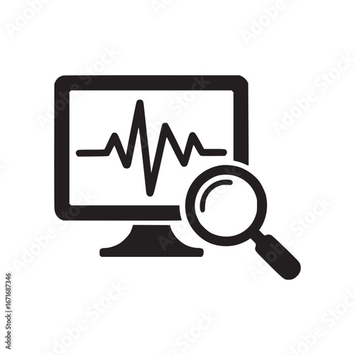 A black icon of a computer monitor displaying a waveform next to a magnifying glass on white background