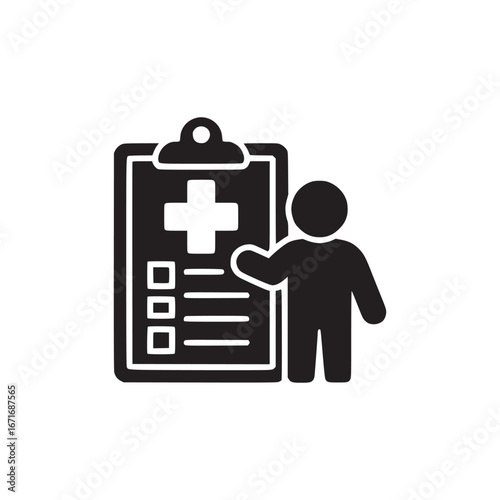 A black and white illustration of a person standing next to a medical clipboard with a cross on it