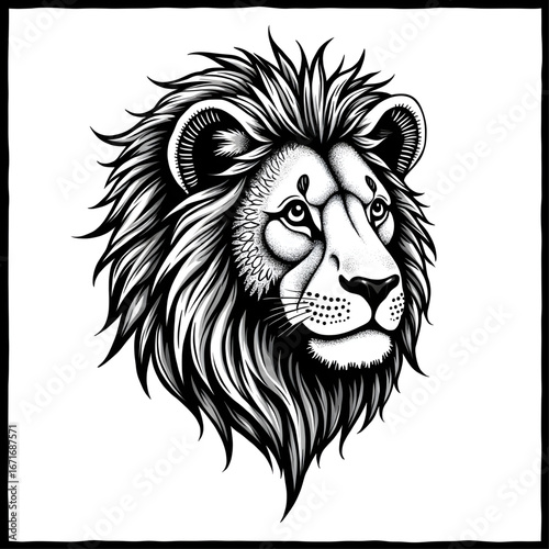 Regal Lion's Gaze: A majestic lion, with a striking black and white illustration, showcasing the king of the jungle's noble features.