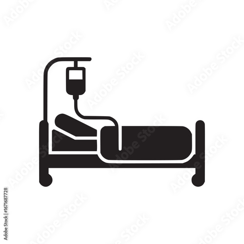 A black and white silhouette illustration of a patient bed with an intravenous drip attached to it