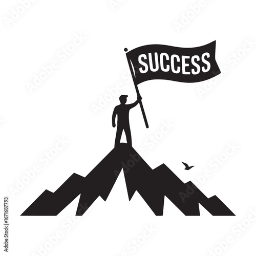 A silhouette of a man on a mountain peak holding a success flag with a bird flying nearby in black and white