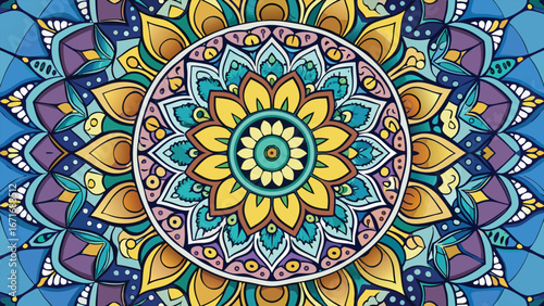 A vibrant ornamental round floral pattern with a colorful mosaic texture