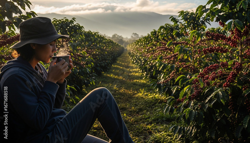 Sitting enjoying hot coffee before the coffee harvest on the plantation
