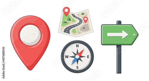 Navigation elements representing location and direction aiding travel and exploration on white backdrop for wayfinding and guidance.