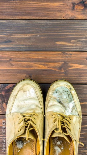 Worn, dirty light-beige leather shoes on a wooden surface