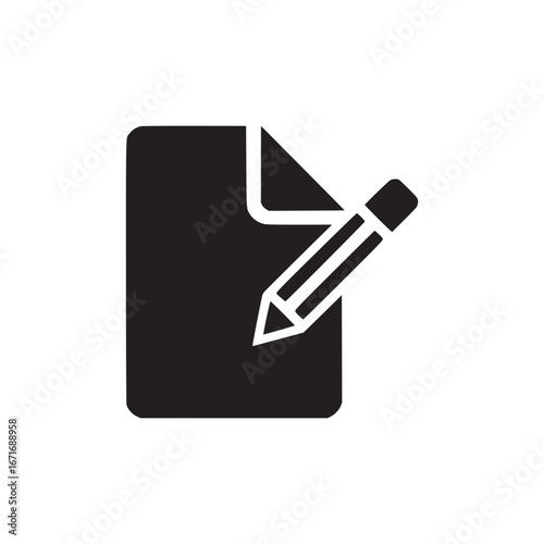 A black and white graphic icon showing a document with a folded corner and a pencil writing on it
