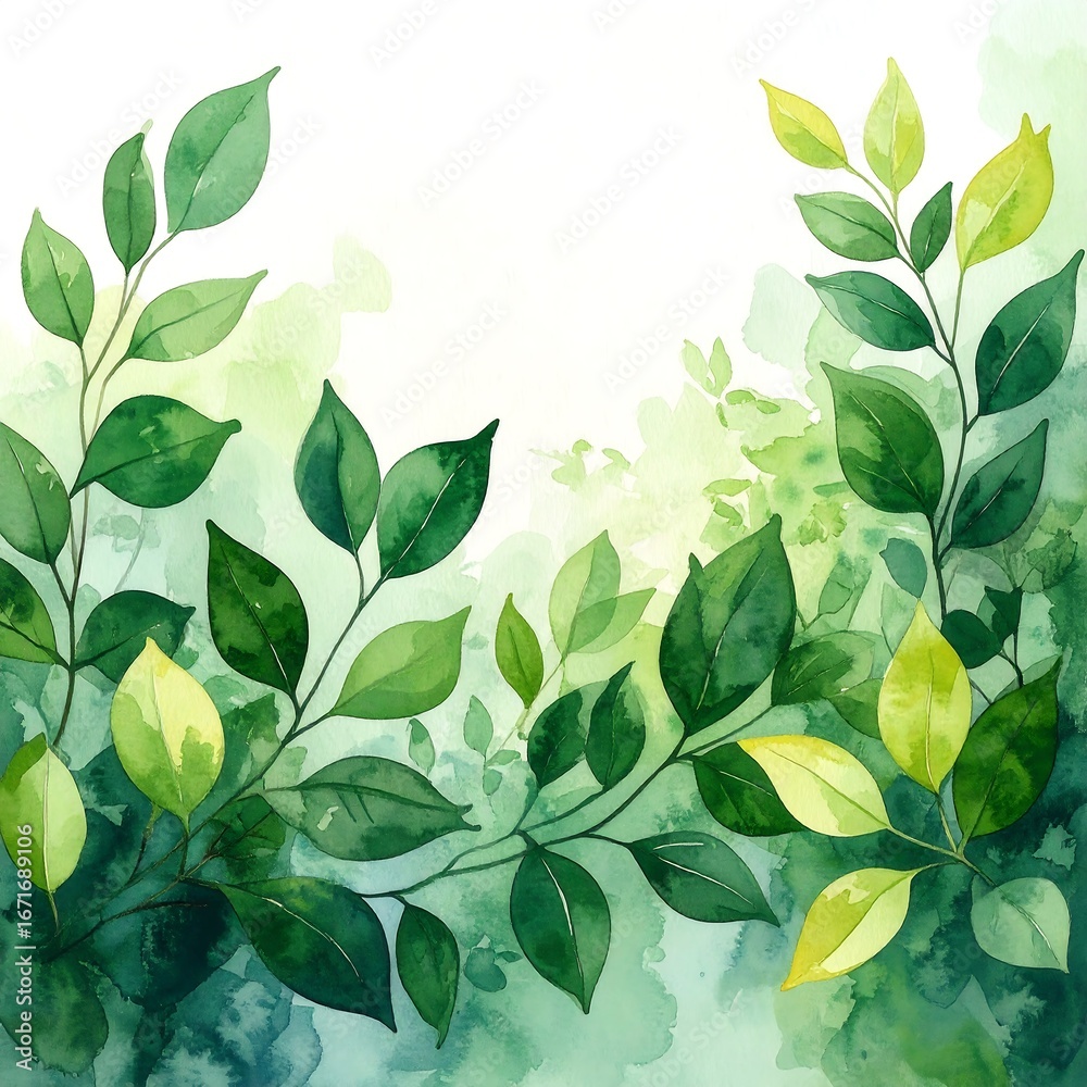 Fototapeta premium Delicate watercolor leaves and branches in soft greens and yellows create a tranquil, natural scene.