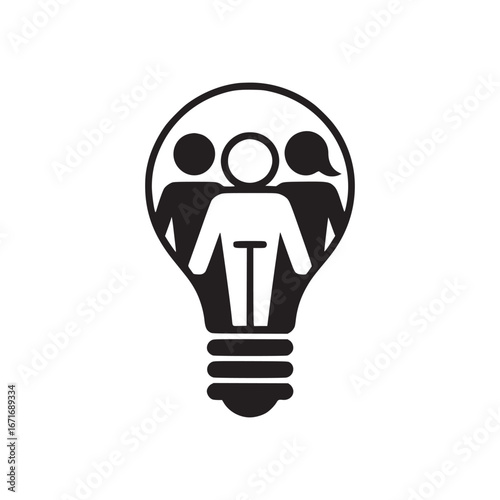 A lightbulb icon containing three people representing teamwork and collaboration in black and white