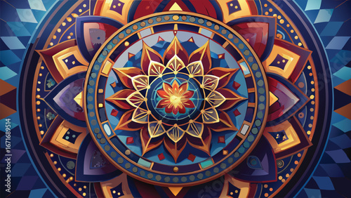 Ornate gold and floral patterns adorn a traditional Thai art painting, a colorful and vintage wall illustration
