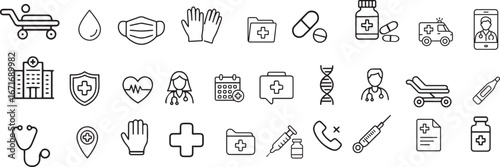 Medical Healthcare Line Icon Set – Vector Symbols of Stethoscope, Syringe, Pill, Medicine & Emergency