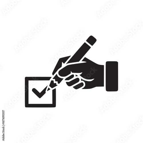 A hand holding a pencil marking a checkmark in a box on a white background in a minimalist style