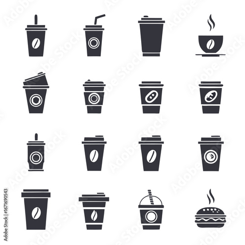 Various coffee cups and a burger are arranged as monochrome icons on a white backdrop
