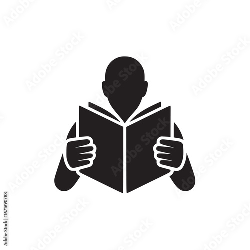 A silhouette of a person reading an open book against a plain white background illustration art