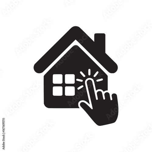 A black house icon with a hand pointing at it on a white background in a simple graphic style