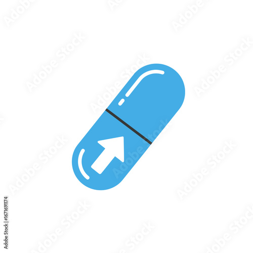 Blue capsule with white arrow pointing upwards isolated on white background. Concept for medical treatment, pharmaceutical industry and wellness promotion