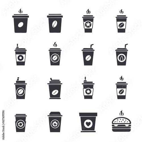 Sixteen dark, stylized takeout cups and burger illustrations are presented in a grid on a white background