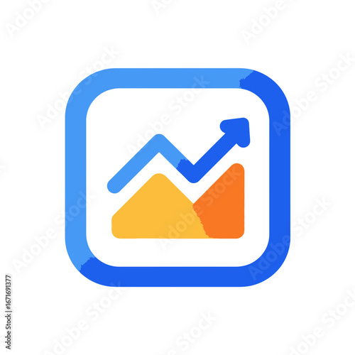 Blue framed square icon depicting an upward trending graph with orange and yellow segments. Concept for business analytics, financial growth, and stock market performance trends