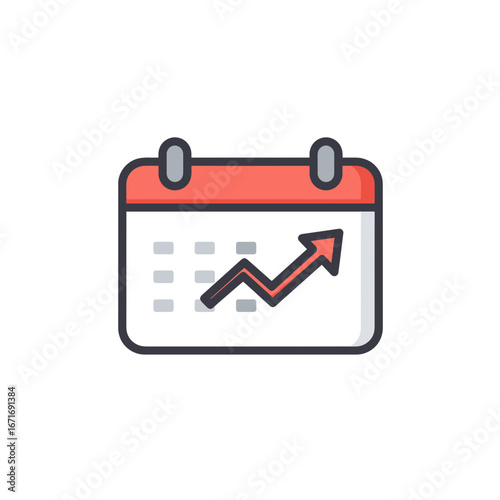 Calendar icon displaying an upward trend arrow in red and black outline on white background. Concept for business growth, financial planning and performance tracking
