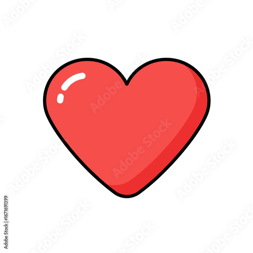 Simple red heart shape with black outline and white highlight on white background. Concept for valentine's day greeting, love confession and digital card design