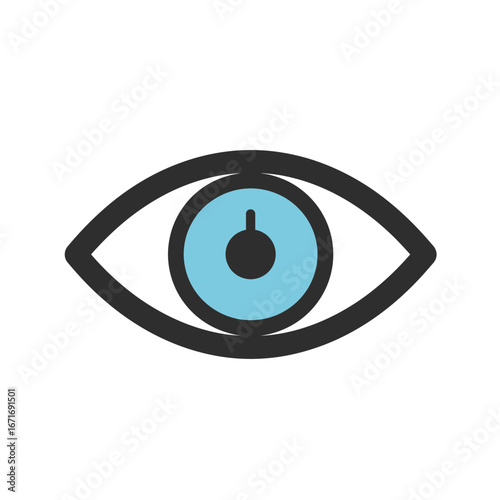 Stylized eye icon with blue iris and black pupil, set against a white backdrop, concept for visual communication, security application and eye care illustration