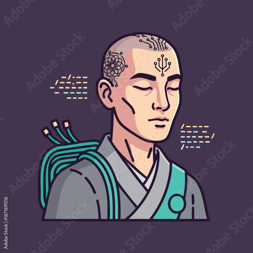 Cybernetic Human Meditating Futuristic Concept of Technology and Mind.