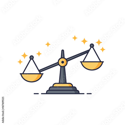 Stylized illustration of balance scales with shining stars on a clean background, concept for fair judgment, business equilibrium and legal decision, balance