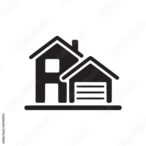 A simple black and white icon of a house with a garage attached on a white gradient background