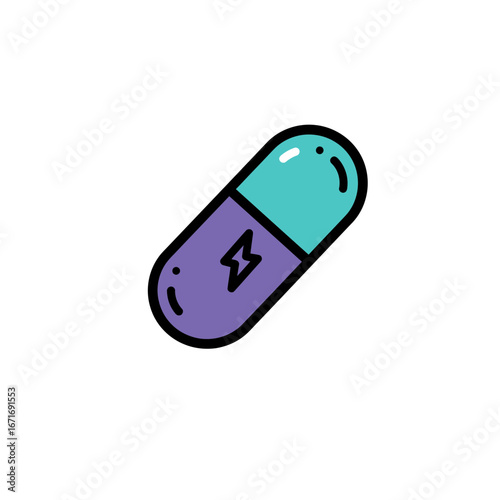 Isolated capsule with purple and turquoise colors featuring a stylized lightning bolt symbol at center. Concept for pharmaceutical design, medical illustration and healthcare advertising