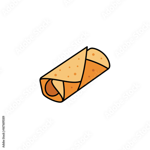 Rolled tortilla wrap with a browned surface and visible layers on a white backdrop, concept for snack illustration, food presentation and quick meal icon
