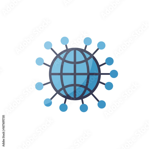 Stylized globe with node connections illustrates global digital network and communication streams. Concept for international business, worldwide data exchange and technological connectivity platform