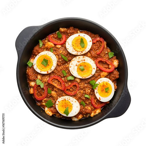 Delicious Shakshuka with Eggs and Peppers in Black Pan.