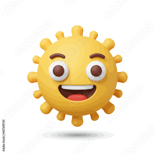Smiling 3D render of a yellow sun character with a jovial expression and protruding rays, concept for children's book illustration, educational resource, and weather icon design